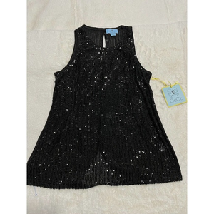 CECE Sequin Womens Black Back Button Closure Sleeve Blouse S‎